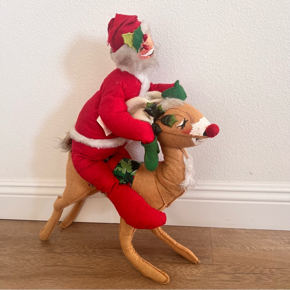 Set Of 2 Tall Annalee Santa Riding Reindeer 1963 & 1965 Figurines Christmas Vtg